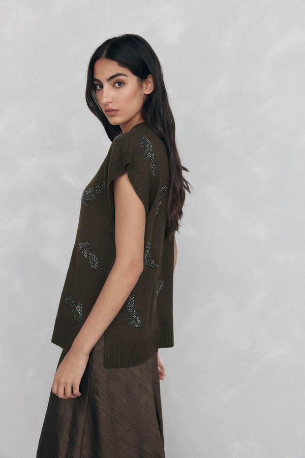 Pedro del Hierro Chaleco de punto con cuello en pico y pedrer&iacute;a bordada Verde