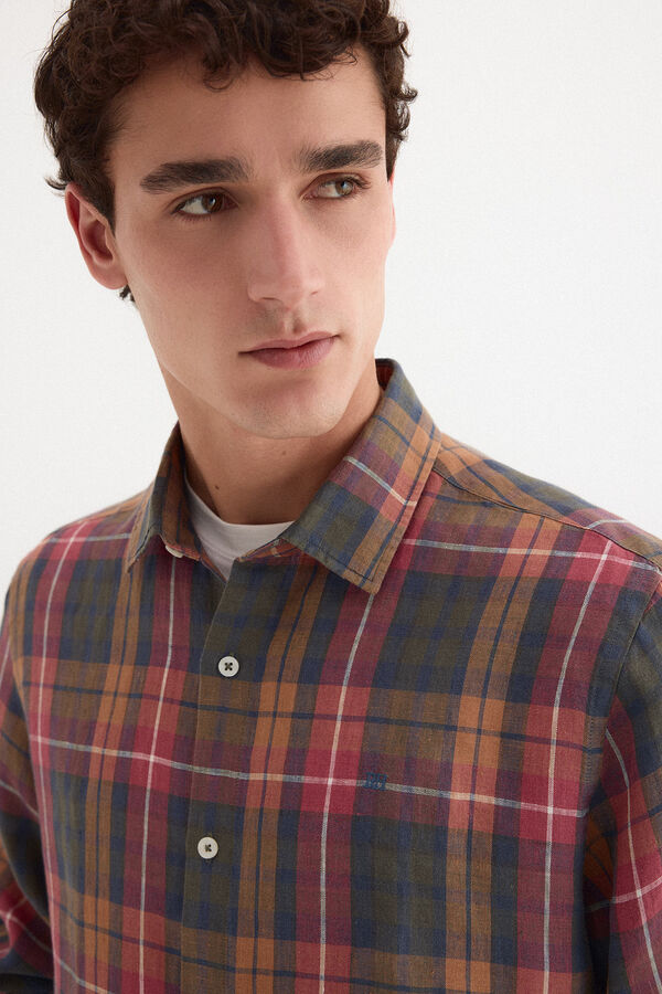 Pedro del Hierro Camisa lino cuadros Burdeos