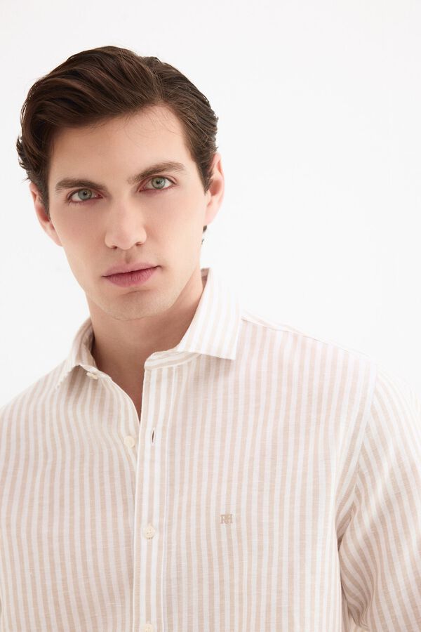 Pedro del Hierro Camisa de vestir rayas lino f&aacute;cil plancha Beige