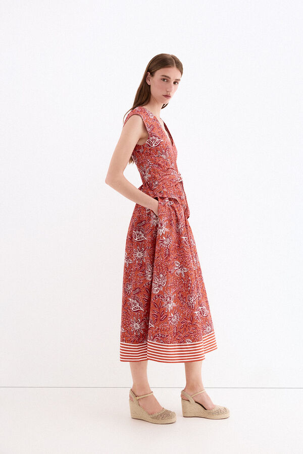 Pedro del Hierro Vestido estampado con lazo en la cintura Beige