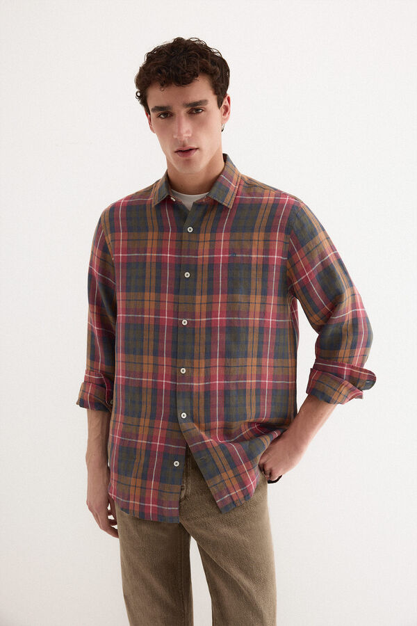 Pedro del Hierro Camisa lino cuadros Burdeos