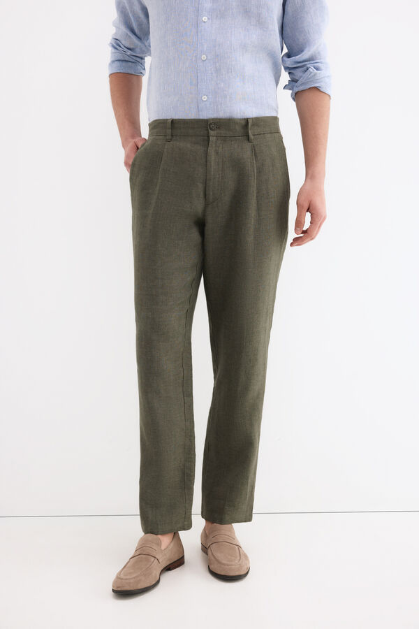 Pedro del Hierro Pantal&oacute;n lino regular fit Verde