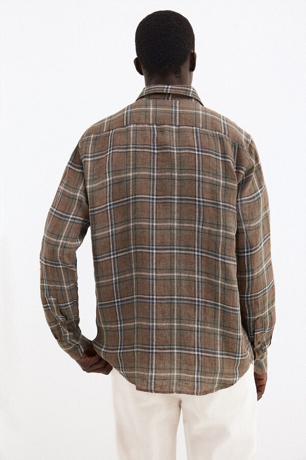 Pedro del Hierro Camisa lino cuadros tejido italiano Marr&oacute;n