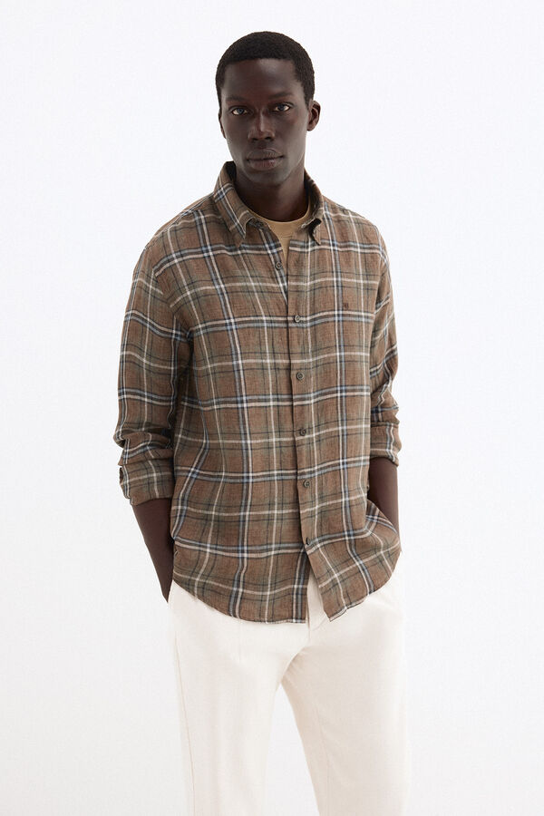 Pedro del Hierro Camisa lino cuadros tejido italiano Marr&oacute;n