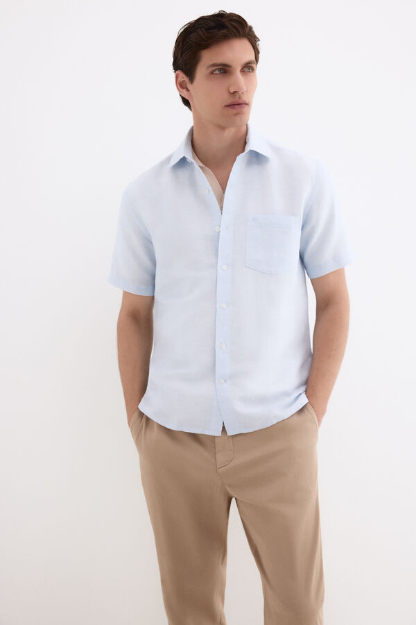 Pedro del Hierro Camisa lisa lino algod&oacute;n Azul