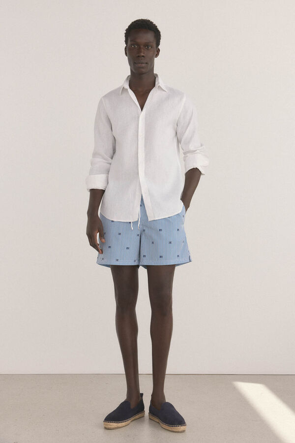 Pedro del Hierro Ba&ntilde;ador estampado rayas logos Azul