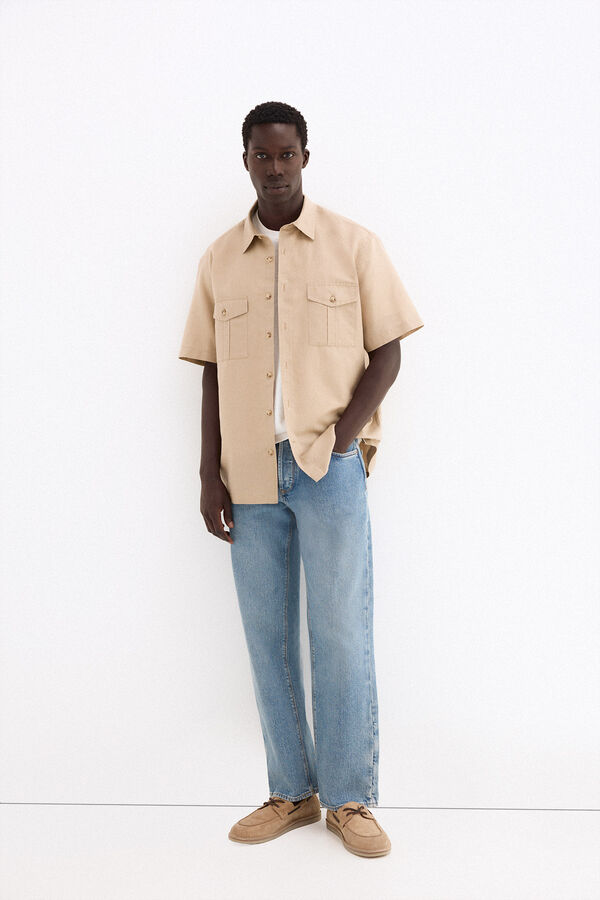Pedro del Hierro Camisa lino manga corta bolsillos Beige