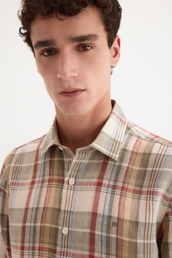 Pedro del Hierro Camisa lino cuadros Beige