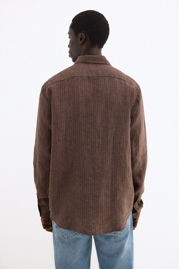 Pedro del Hierro Camisa lino rayas tejido italiano Marr&oacute;n