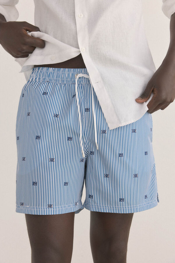 Pedro del Hierro Ba&ntilde;ador estampado rayas logos Azul