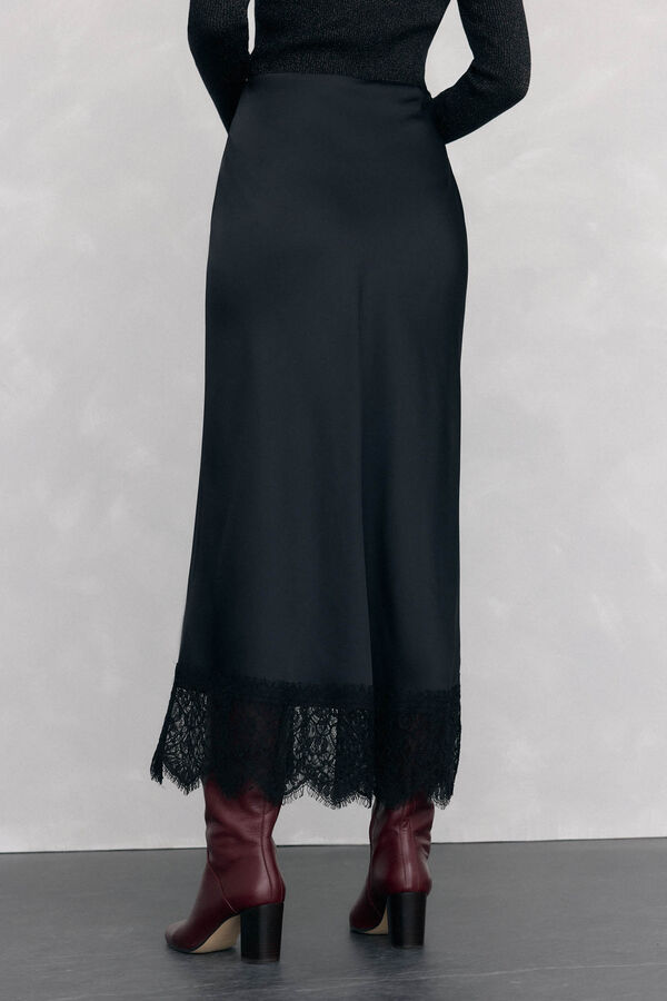 Pedro del Hierro Falda larga satinada con detalles de encaje Negro