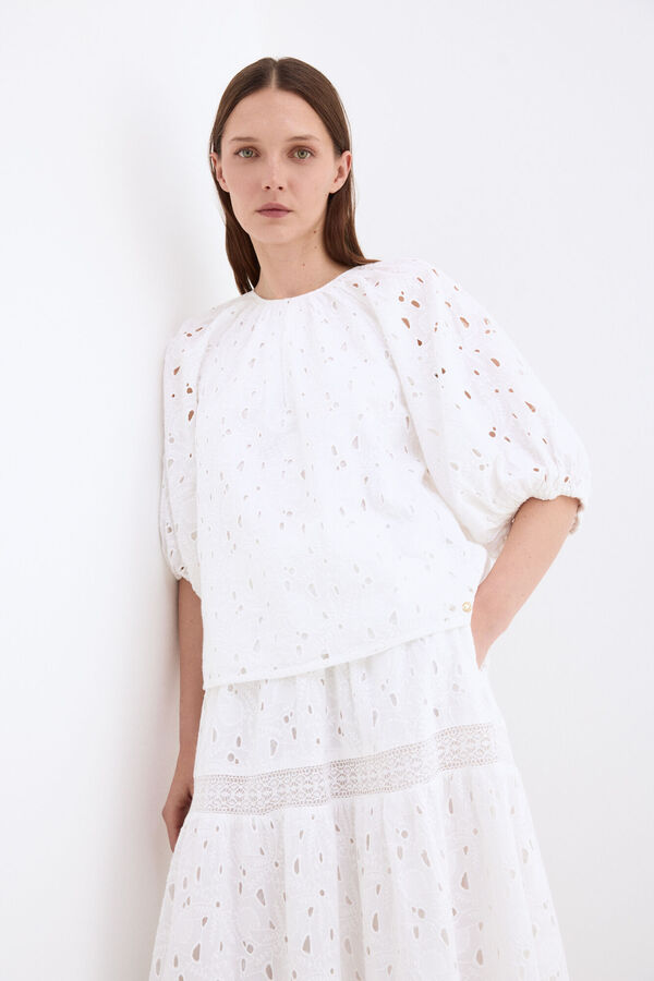 Pedro del Hierro Top manga al codo calado Blanco