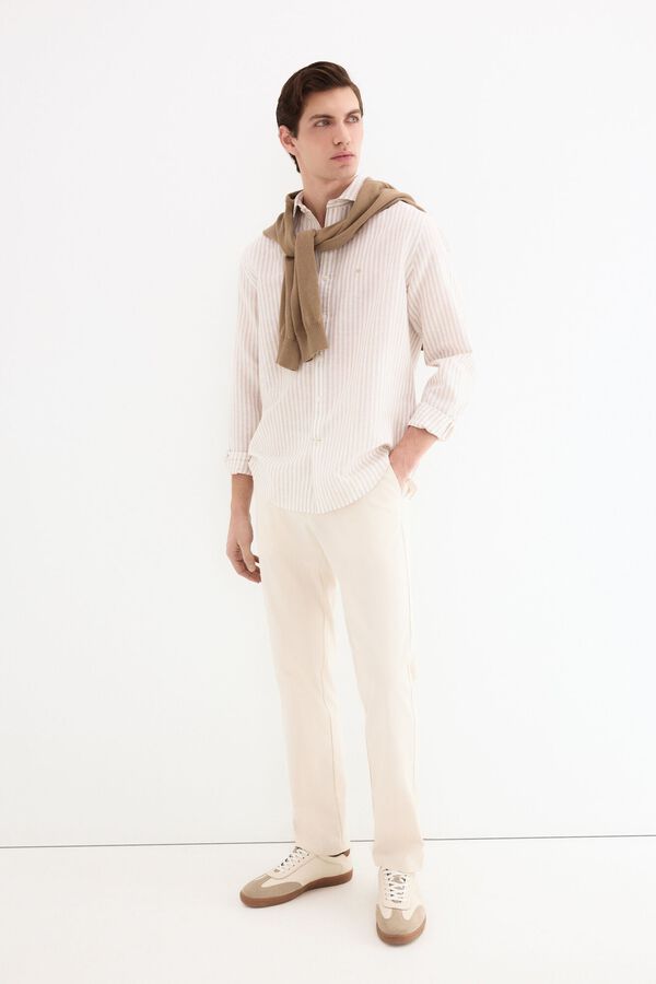 Pedro del Hierro Camisa de vestir rayas lino f&aacute;cil plancha Beige