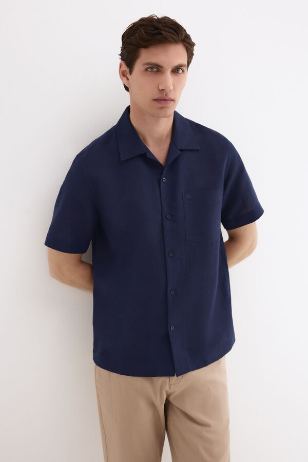 Pedro del Hierro Camisa de lino algod&oacute;n manga corta Azul