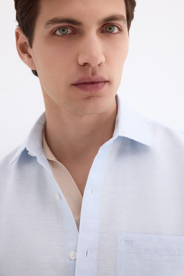 Pedro del Hierro Camisa lisa lino algod&oacute;n Azul