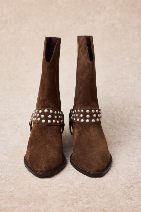 Slowlove Bota de piel con estribo y tachas Marr&oacute;n oscuro