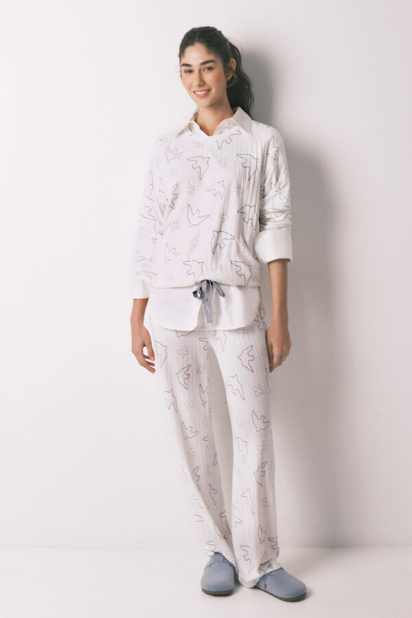 Women'secret Pijama larga acanalada con estampado de p&aacute;jaros blanco blanco