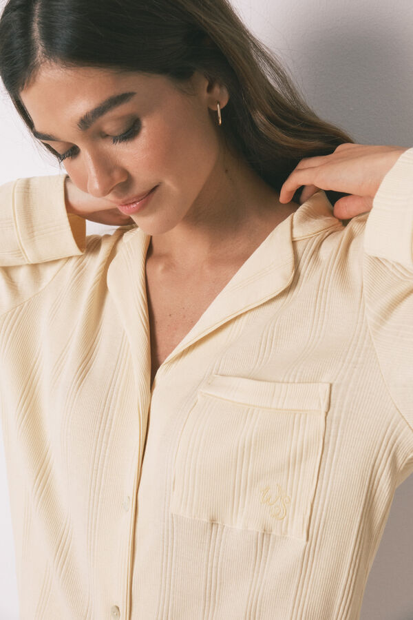 Women'secret Pijama camisera larga de algod&oacute;n acanalado amarillo marfil