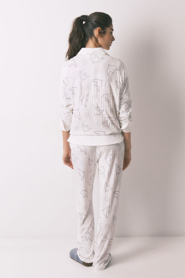 Women'secret Pijama larga acanalada con estampado de p&aacute;jaros blanco blanco
