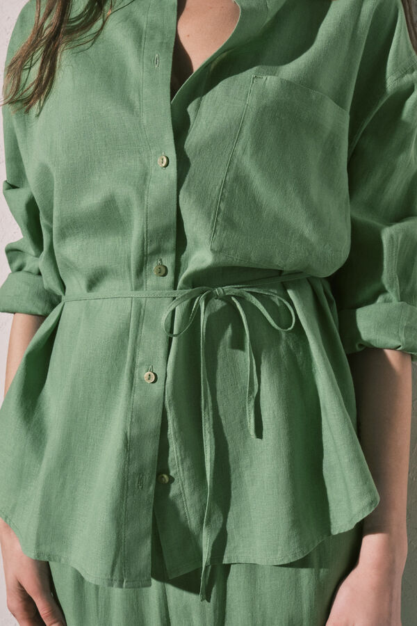 Women'secret Camisa de manga larga de lino verde verde