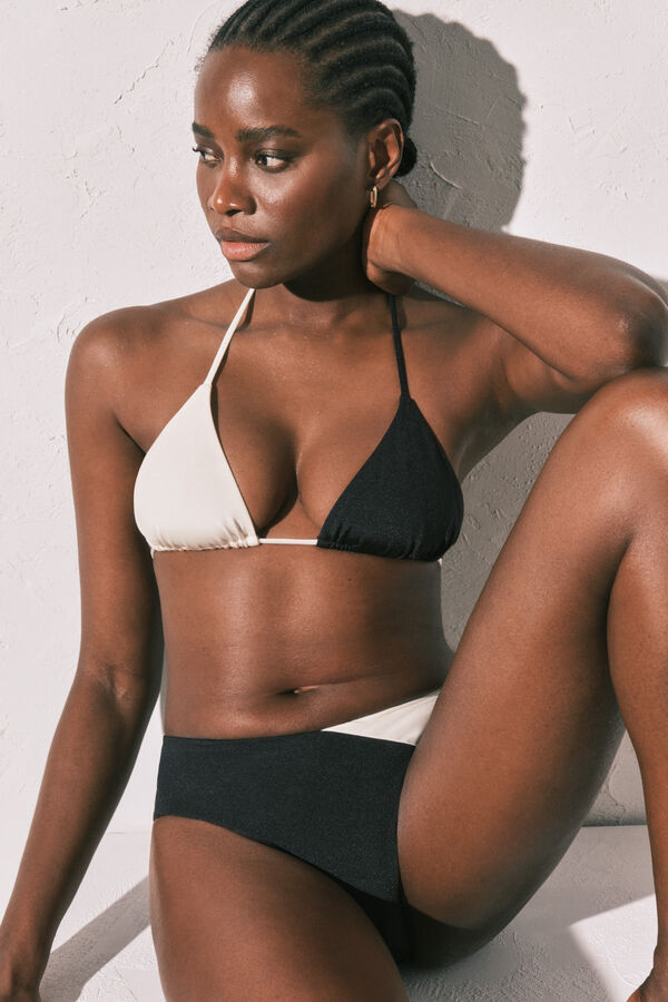 Women'secret Panty de bikini de tiro alto color block blanco y negro negro