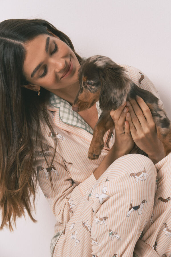 Women'secret Pijama camisera larga de 100% algod&oacute;n estampada de rayas y perritos naranja