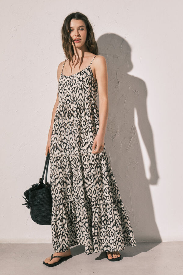 Women'secret Vestido largo de tirantes estampado negro
