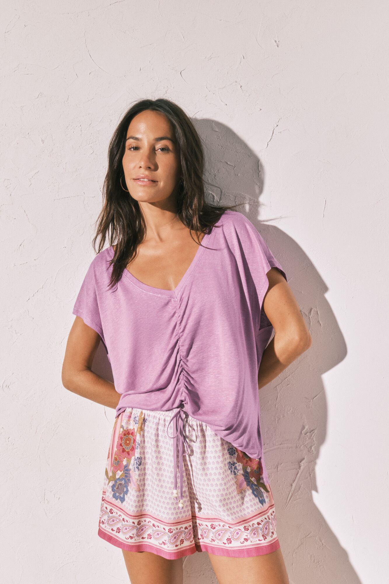 Women'secret Playera corta de viscosa y lino lila