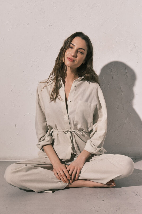 Women'secret Camisa de manga larga de lino blanca caf&eacute;