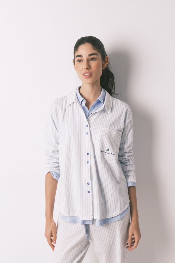 Women'secret Pijama camisera larga a rayas de 100% algod&oacute;n blanca blanco