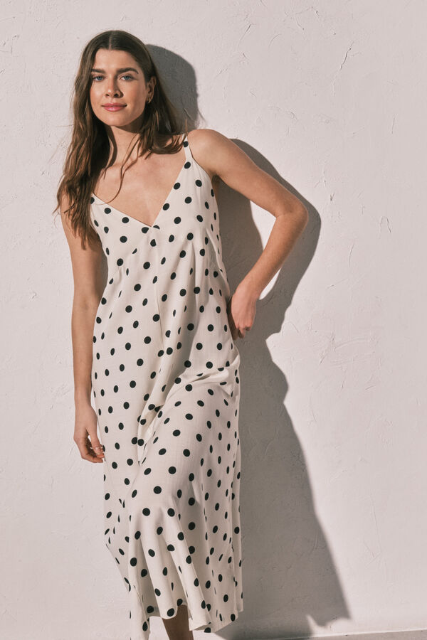 Women'secret Vestido largo estampado de puntos B&W marfil