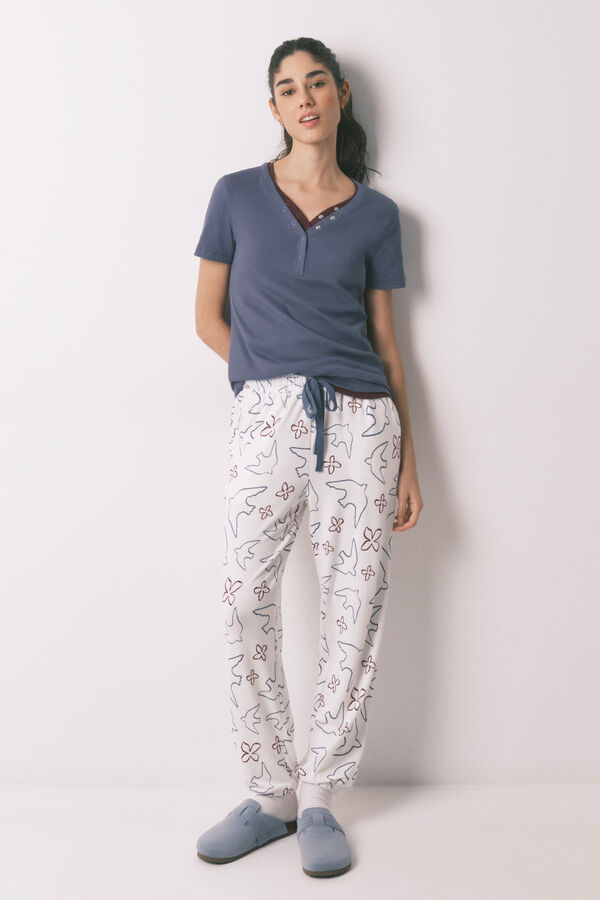 Women'secret Pantal&oacute;n largo estampado de p&aacute;jaros blanco blanco