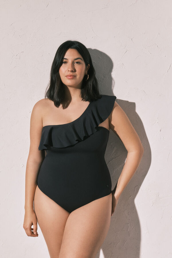 Women'secret Traje de ba&ntilde;o modelador volante asim&eacute;trico negro negro