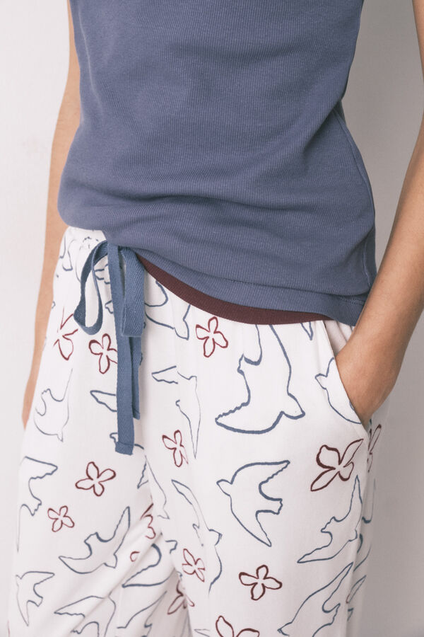 Women'secret Pantal&oacute;n largo estampado de p&aacute;jaros blanco blanco