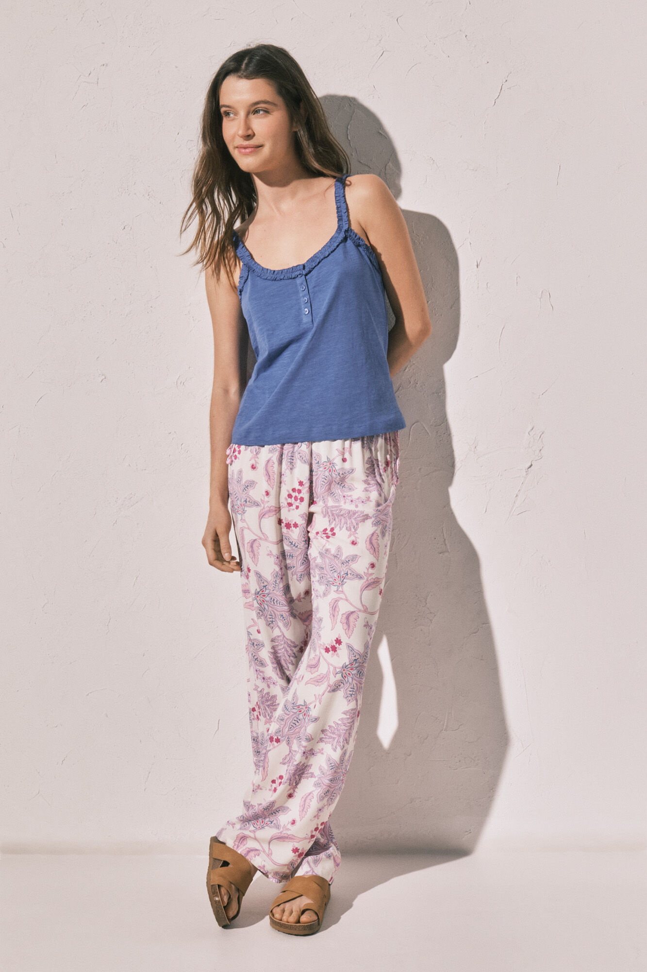 Women'secret Playera de tirantes con volantes de algod&oacute;n azul
