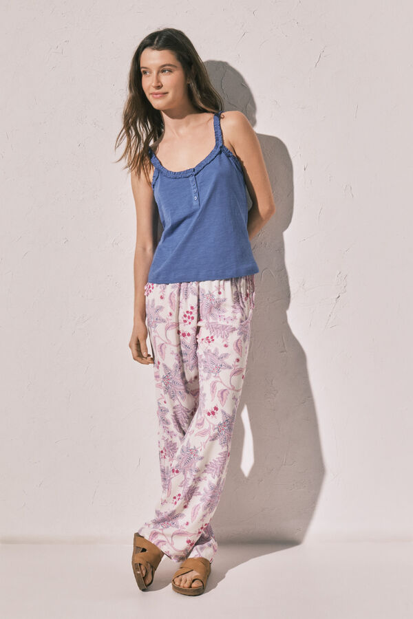 Women'secret Playera de tirantes con volantes de algod&oacute;n azul azul
