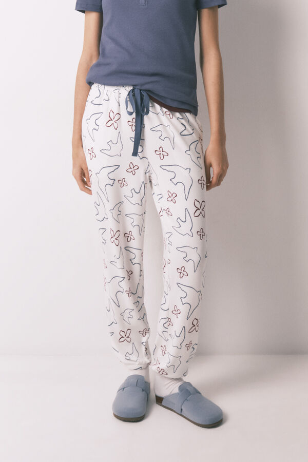 Women'secret Pantal&oacute;n largo estampado de p&aacute;jaros blanco blanco