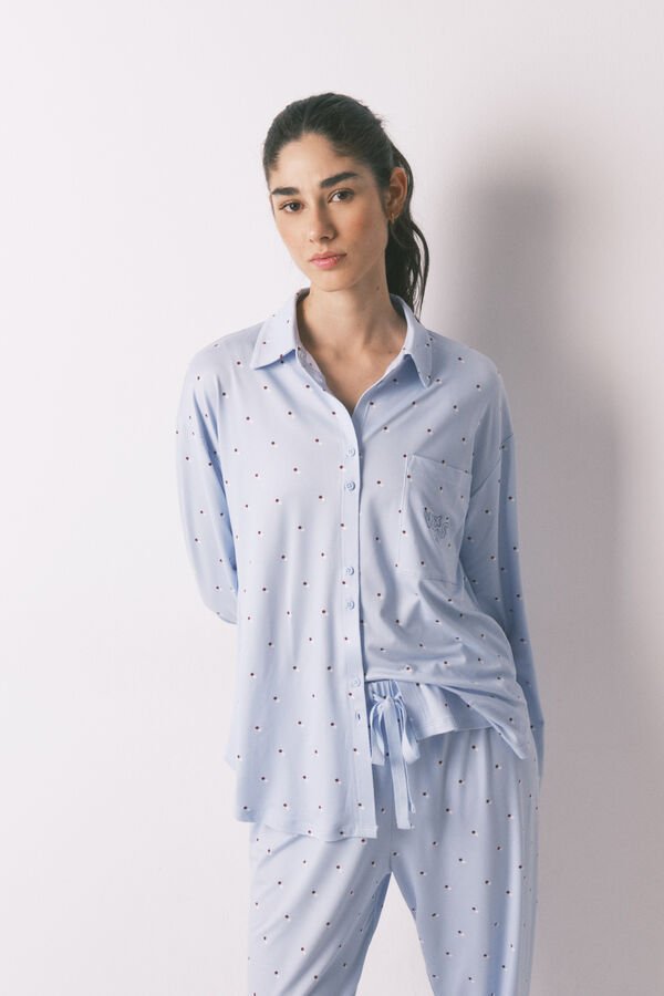 Women'secret Pijama camisera larga estampado de puntos azul estampado