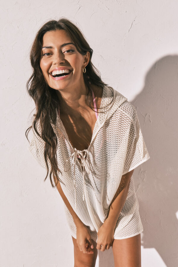 Women'secret T&uacute;nica corta con capucha efecto red beige marfil