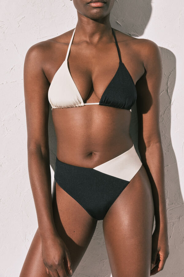 Women'secret Panty de bikini de tiro alto color block blanco y negro negro