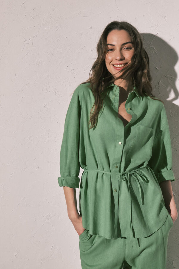 Women'secret Camisa de manga larga de lino verde verde
