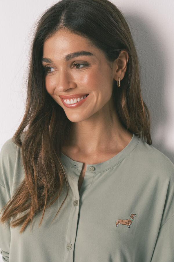 Women'secret Pijama larga estampado de perritos de tejido suave verde verde