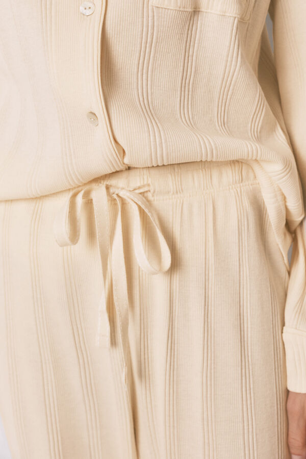 Women'secret Pijama camisera larga de algod&oacute;n acanalado amarillo marfil