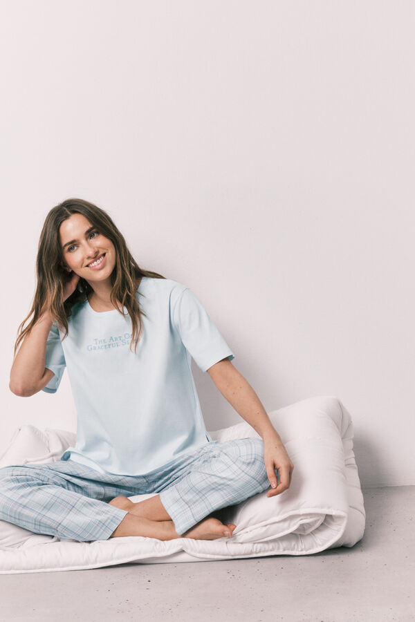 Women'secret Pijama a cuadros de 100% algod&oacute;n azul azul