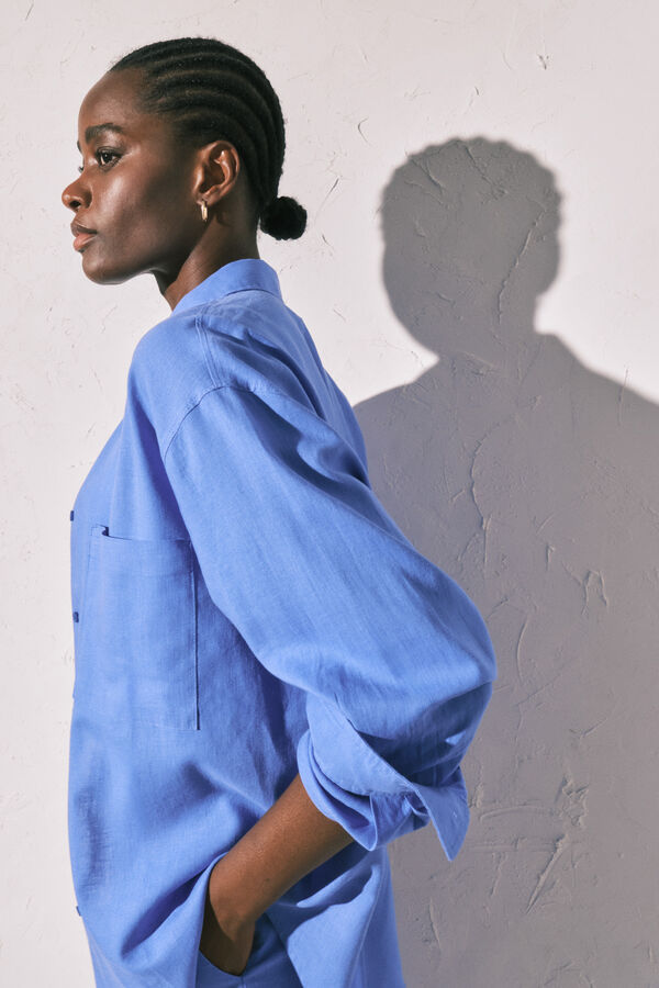 Women'secret Camisa de manga larga de lino azul azul