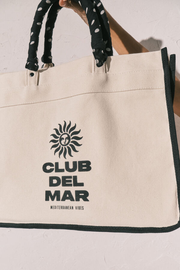 Women'secret Bolsa grande estampada de lona beige marfil