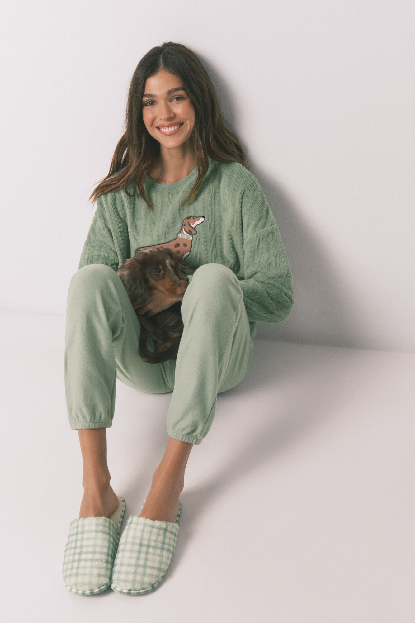 Women'secret Pantuflas a cuadros de borreguito verdes