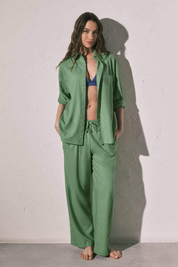 Women'secret Camisa de manga larga de lino verde verde