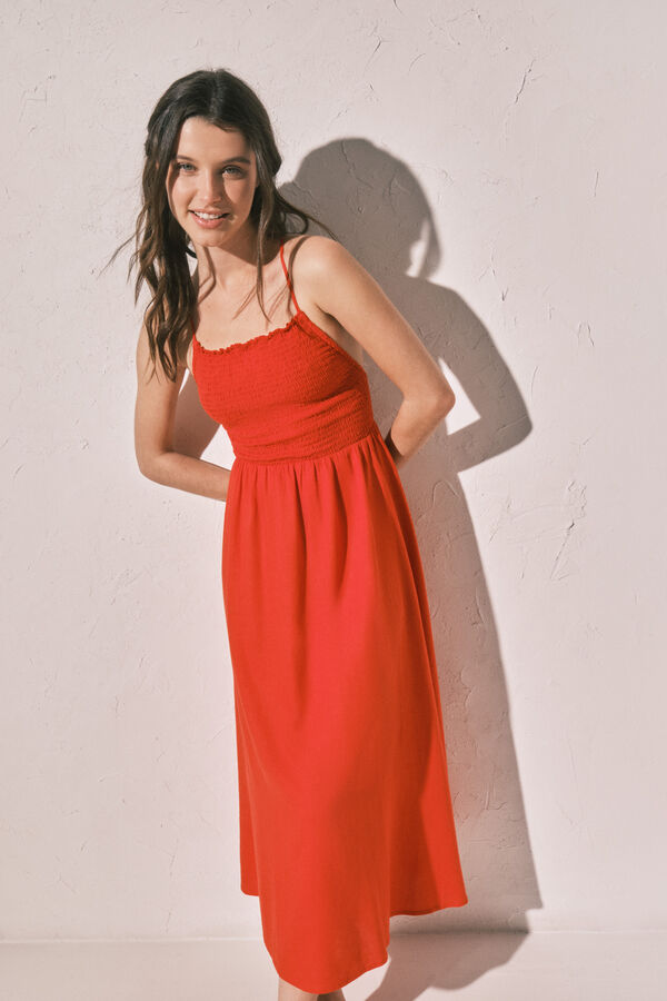Women'secret Vestido largo de lino naranja coral