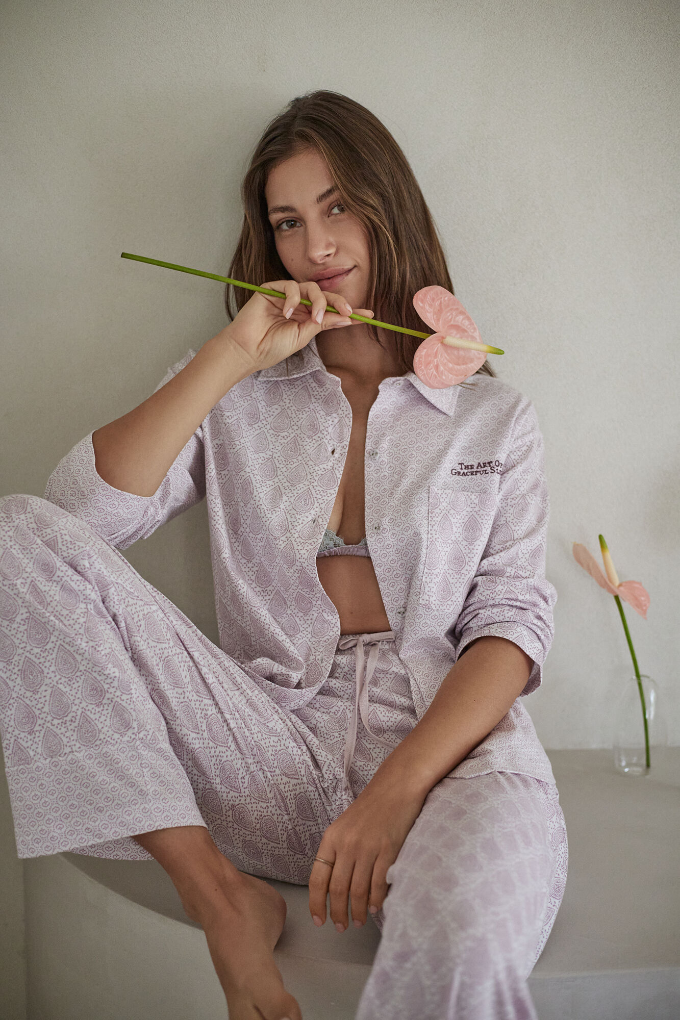 Women'secret Pijama camisera larga de 100% algod&oacute;n estampado sellos